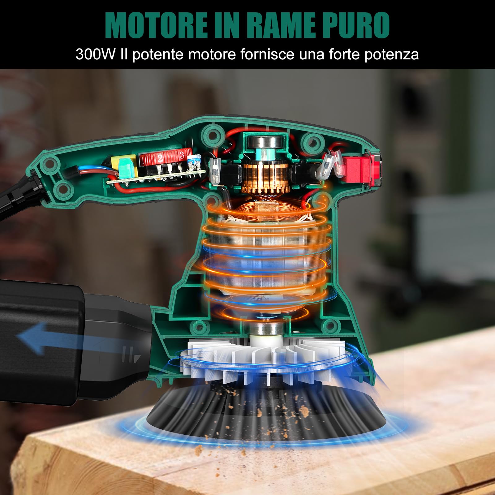 HYCHIKA Levigatrice Orbitale 300W, 6 Velocità Regolabili, 13000 RPM, 12PCS Dischi Abrasivi 125mm (80, 120, 240 Grani), Levigatrice Elettrica, con Scatola di Raccolta della Polvere