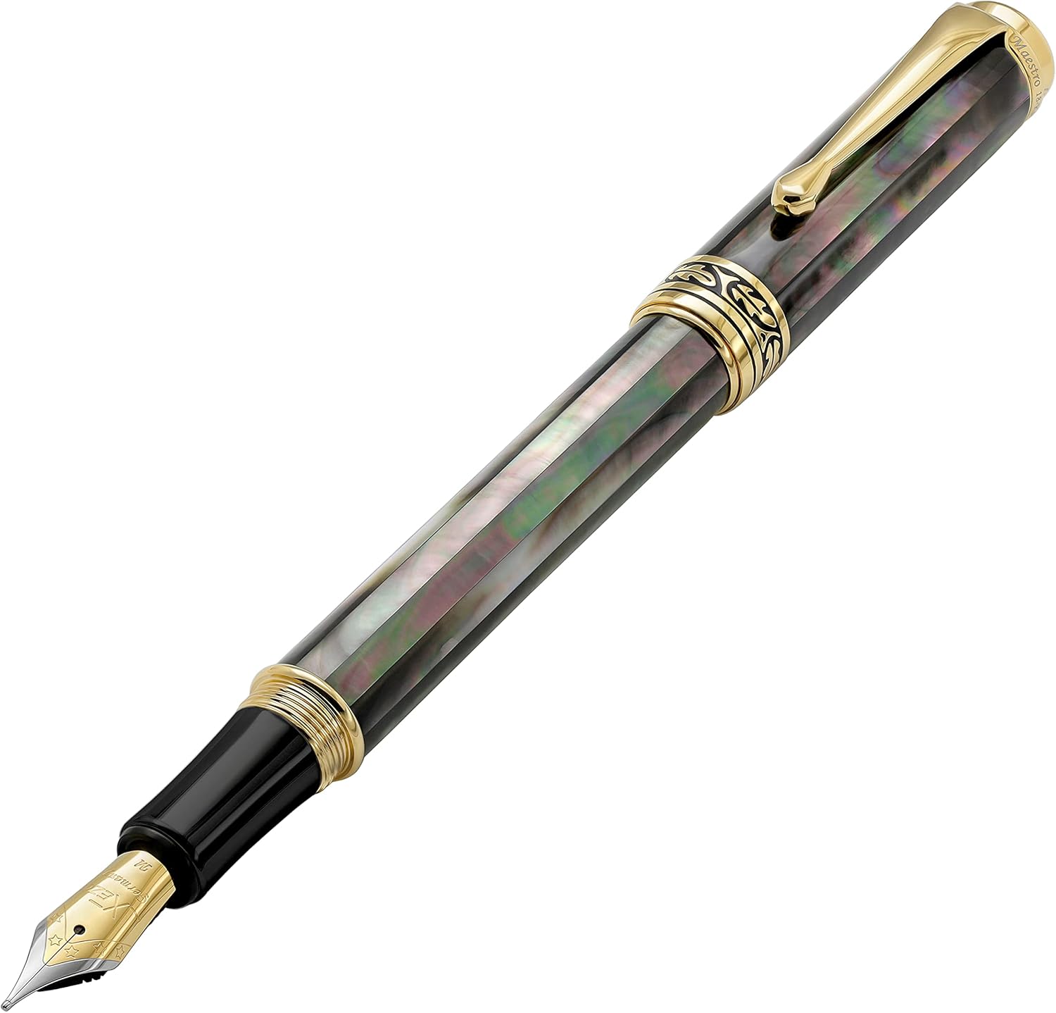 Xezo Maestro Fountain Pen, Medium Nib. Handcrafted from Oceanic Tahitian Black Mother of Pearl. 18-Karat Gold Plated. Serialized, Iridescent, No Two Alike