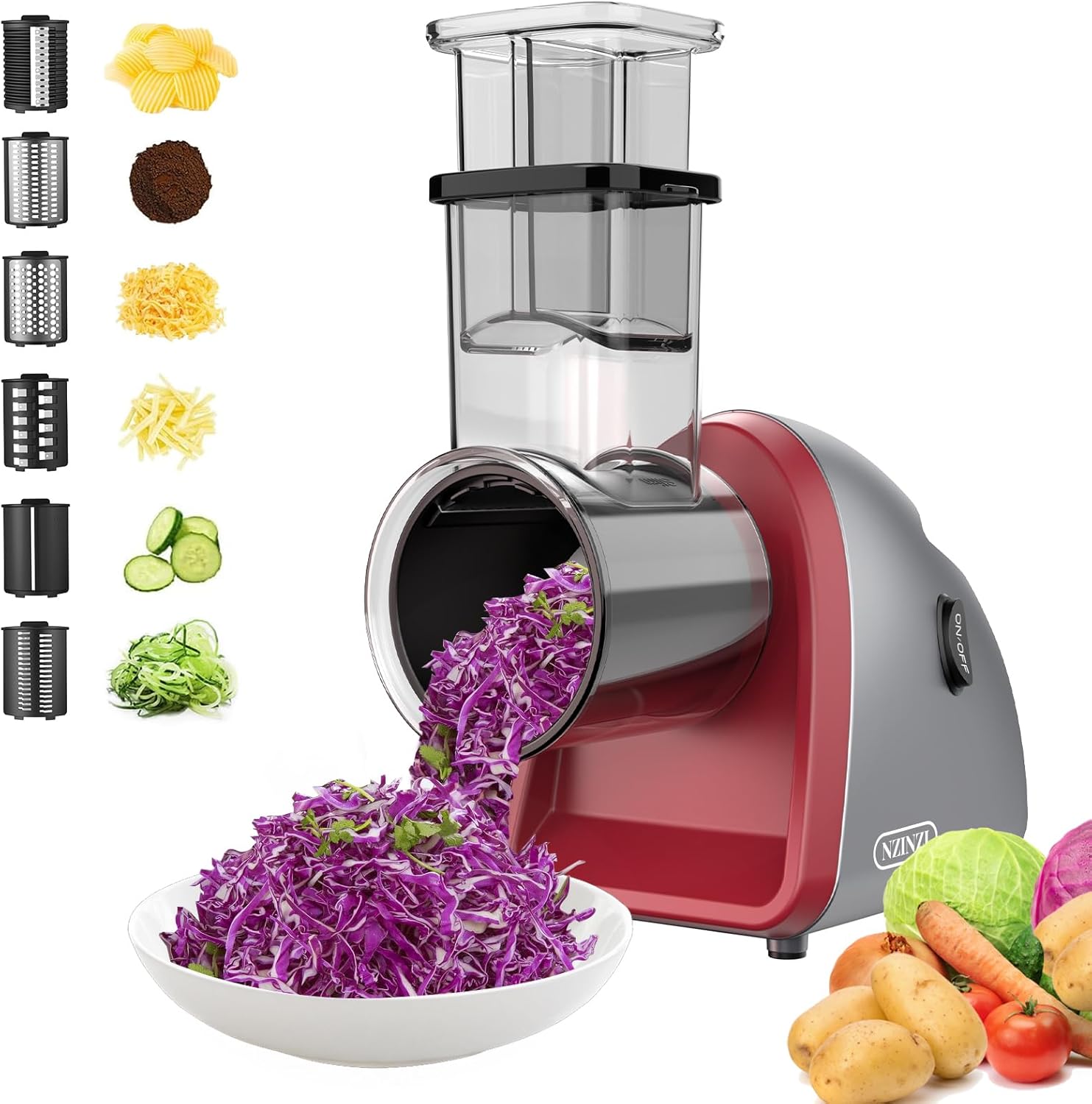 Electric Cheese Grater with 6 Different Shapes of Blades for Home Kitchen Use,250W Salad Shooter Electric Slicer for Vegetables,Fruits,Cheeses,Gray