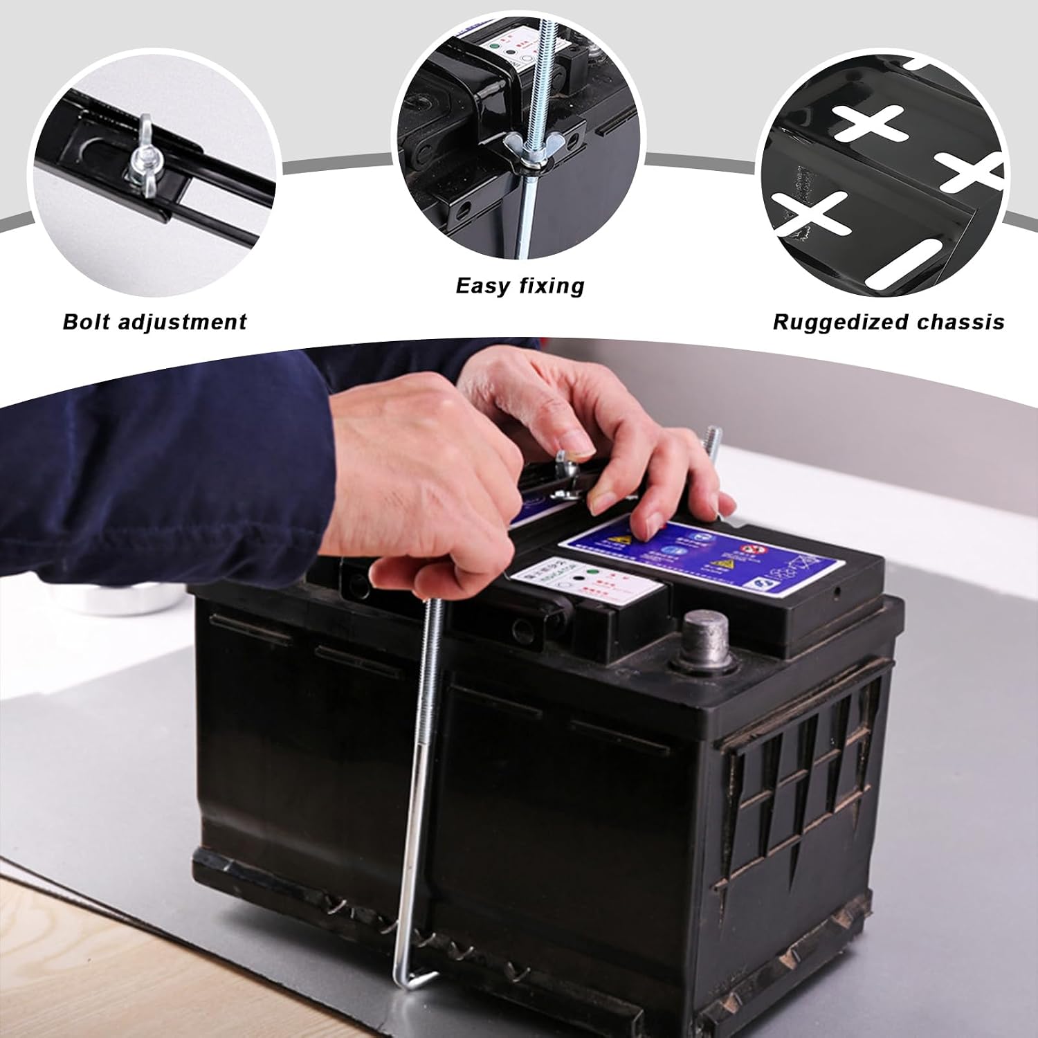 Battery Hold Down Tray Kit, Corrosion-Resistant Metal Storage Battery Holder with J Bolt, Adjustable Bracket Clamp Holds Batteries to Stop Movement for Boat Car Marine (11×7.8 inches)