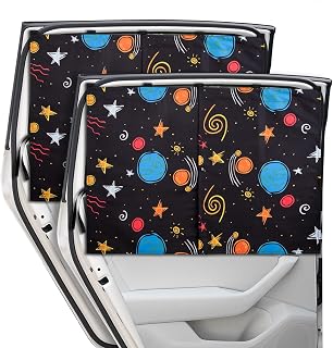 Car Window Shades, 2 Packs Magnetic car Sun Shade for Baby, Double Layers Magnetic Colourful Space Pattern for Full Covers/Half Shade Options, Window Curtains for Heat/UV Protection Sun Block Covers