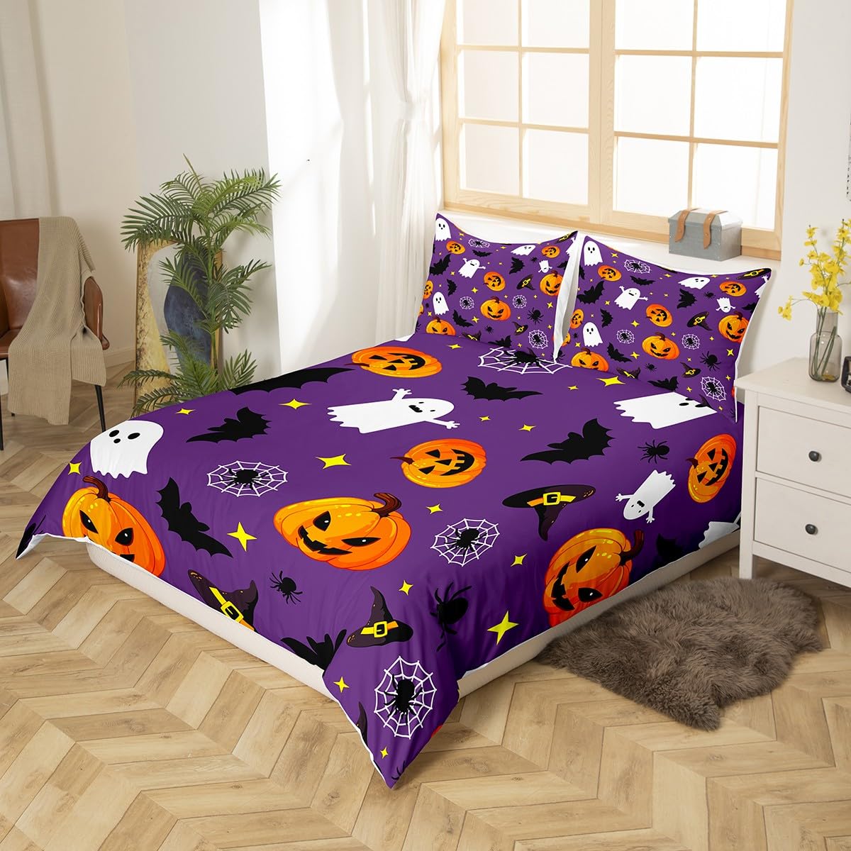 Manfei Cute Halloween Duvet Cover Set King Size, Pumpkin Lantern Ghost Bedding Set 3pcs for Kids Boys Girls, Black Spider Bat Comforter Cover Soft Polyester Quilt Cover with 2 Pillowcases,No Comforter