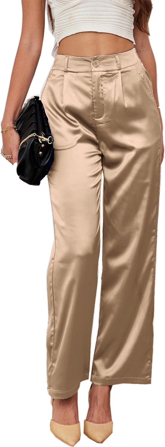 heipeiwa Women's Wide Leg Wedding Party Satin Casual Dress Nightout Pants Long Trouser