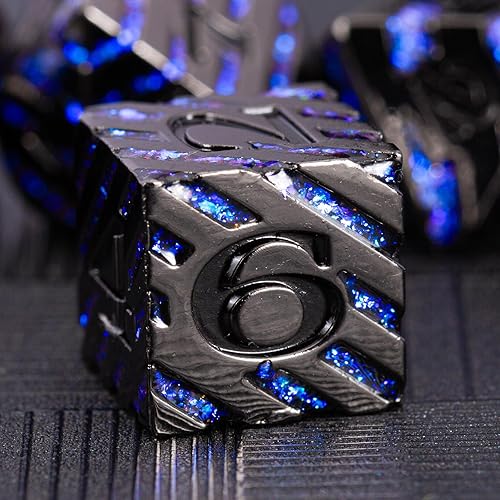 Miniatura 3 de Juego de dados D&D de rayas metálicas con purpurina, 7 piezas de dados poliédricos con regalo, juego de dados de metal RPG, juego de mesa de