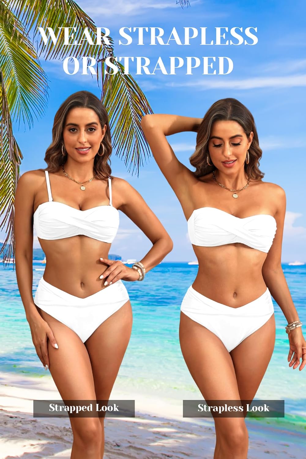 Women's Strapless Bandeau Bikini Set - Twist Front Two Piece Swimsuit with Side Tie Bathing Suit Bottom