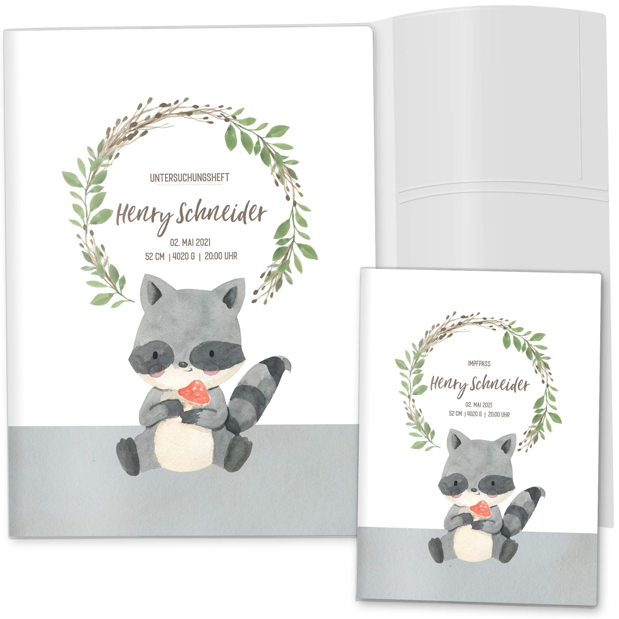 OLGS U-Heft Hüllen Set 3-teilig | Cute Forest Waschbär | Untersuchungsheft Hülle & Impfpasshülle schöne Geschenkidee personalisierbar mit Namen und Geburtsdatum (U-Hefthüllen, personalisiert)