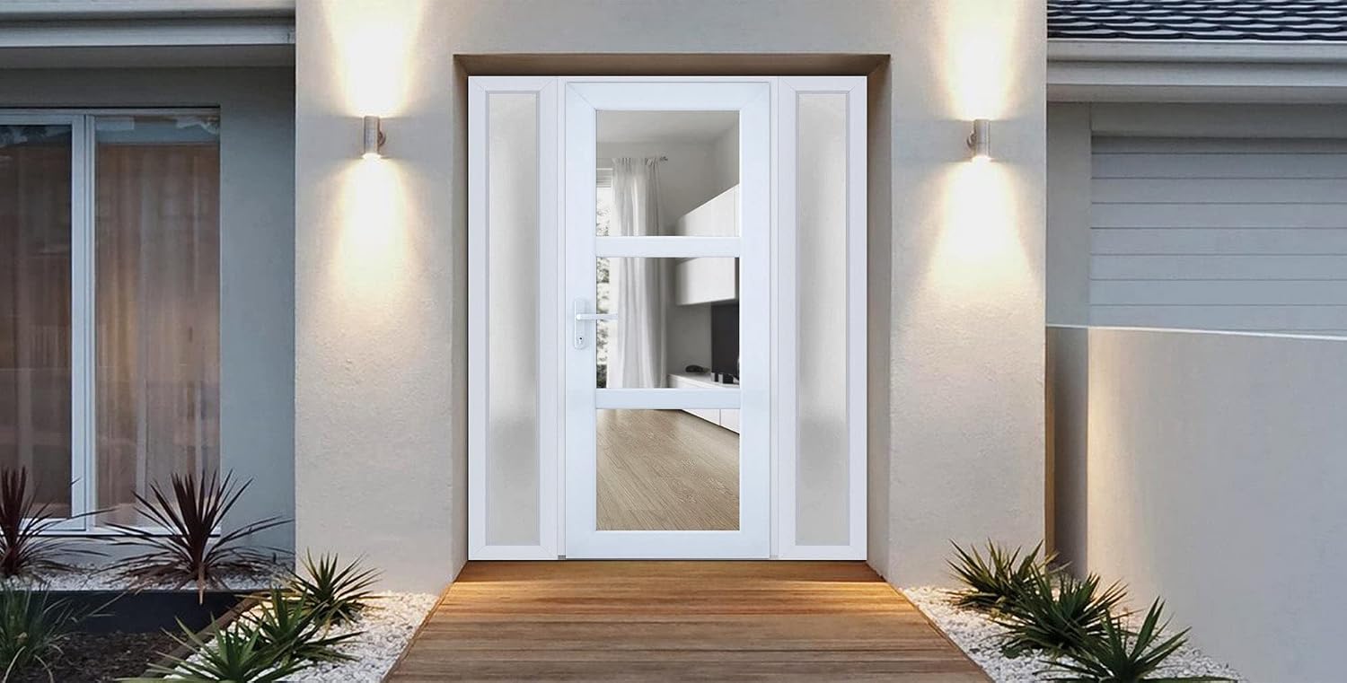 VDOMDOORS Front Exterior Prehung Fiberglass Door Clear Glass/Manux 8555 White Silk Clear Glass / 2 Side Exterior Windows / W16+36+16 x H80-Right-hand Inswing