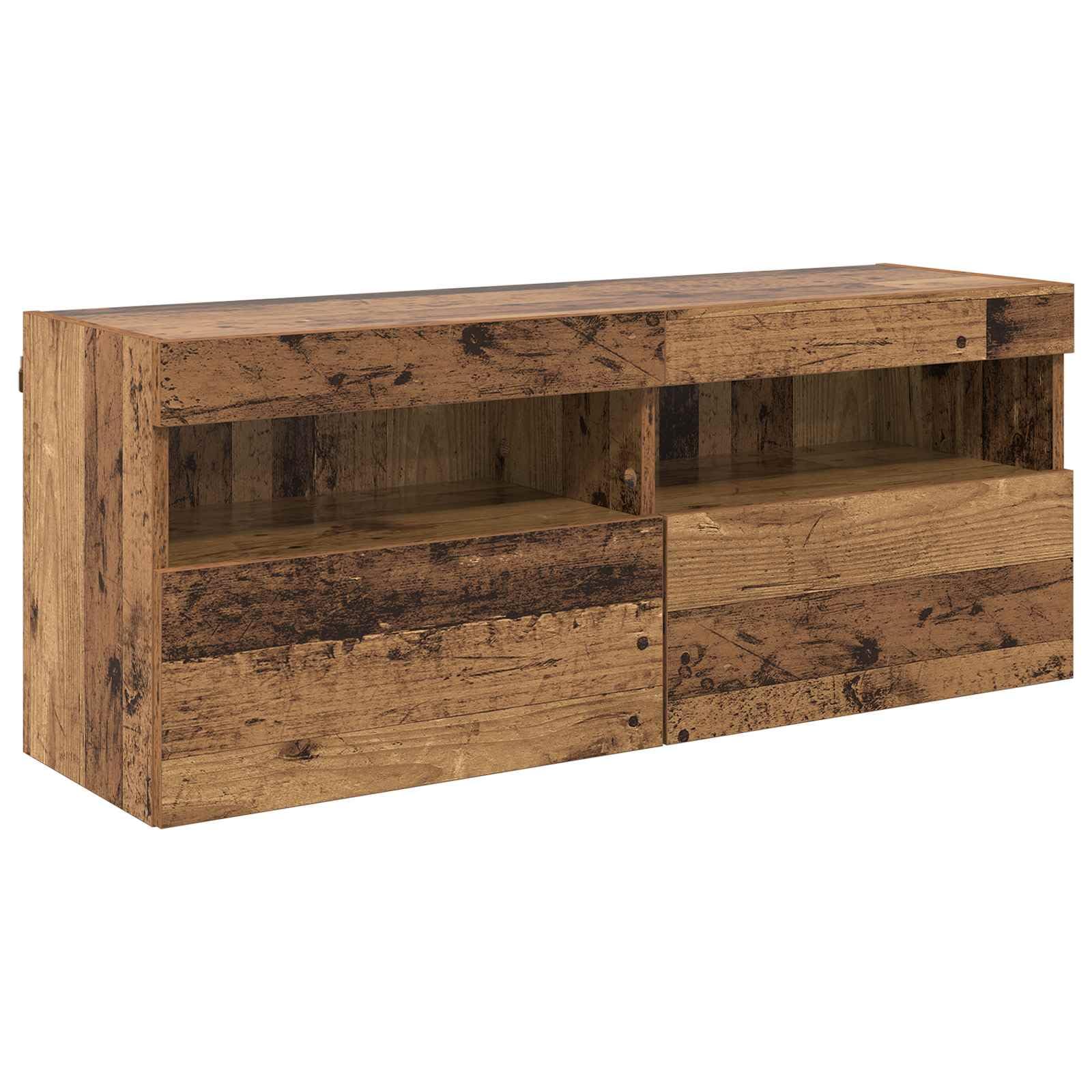 Mueble de pared para TV con luces LED, 7 piezas, aspecto de madera envejecida, 100 x 30 x 40 cm, diseño moderno para sala de estar, centro de entretenimiento
