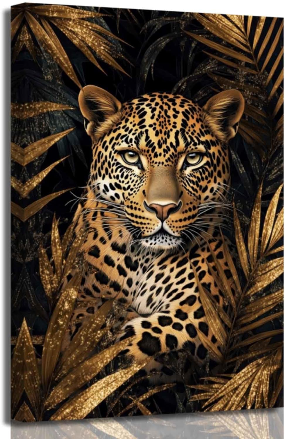 ZSHARTSWD Leopard Canvas Wall Art Black and Gold Cheetah Pictures Golden Leaves Prints African Jungle Wildlife Painting for Living Room Bathroom Decor Framed (24L x 16W)