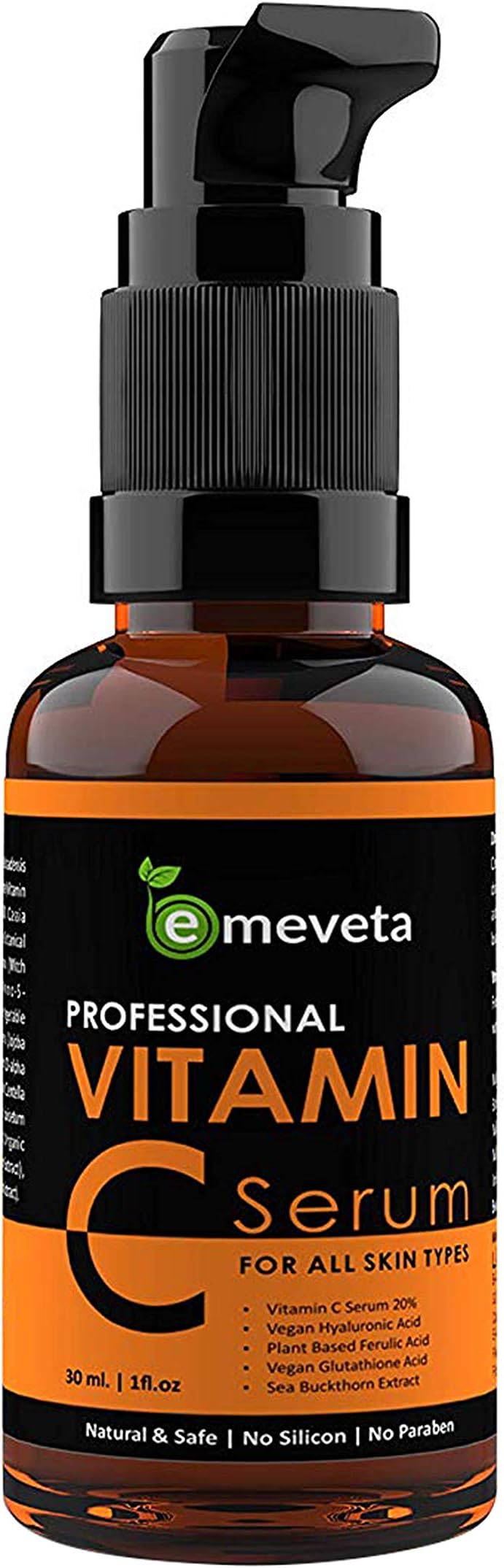 Emeveta Vitamin C Serum for face with Vegan Hyaluronic acid, Ferulic acid, Aloe Vera and Sea Buckthorn Extract (30ML)
