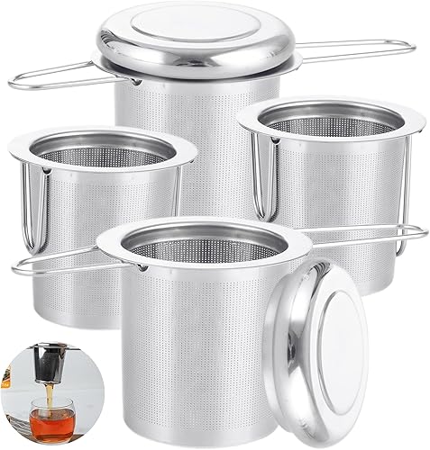4 coladores de té con tapa, cesta infusora de té de acero inoxidable 304 para té suelto, difusor de té de malla extrafina, filtro de té de mango