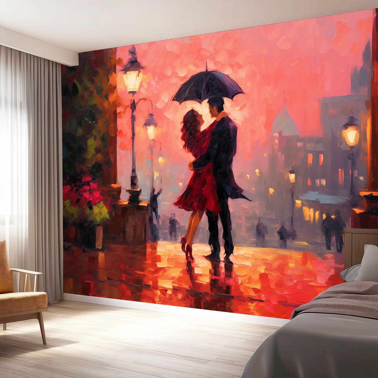 Papel tapiz Pareja Romance Noche Lluviosa Murales Papel Pintado Moderna Decoración 250 x 175 cm Lana Decoración De Pared Sala Cuarto Marrón cálido rojo anaranjado