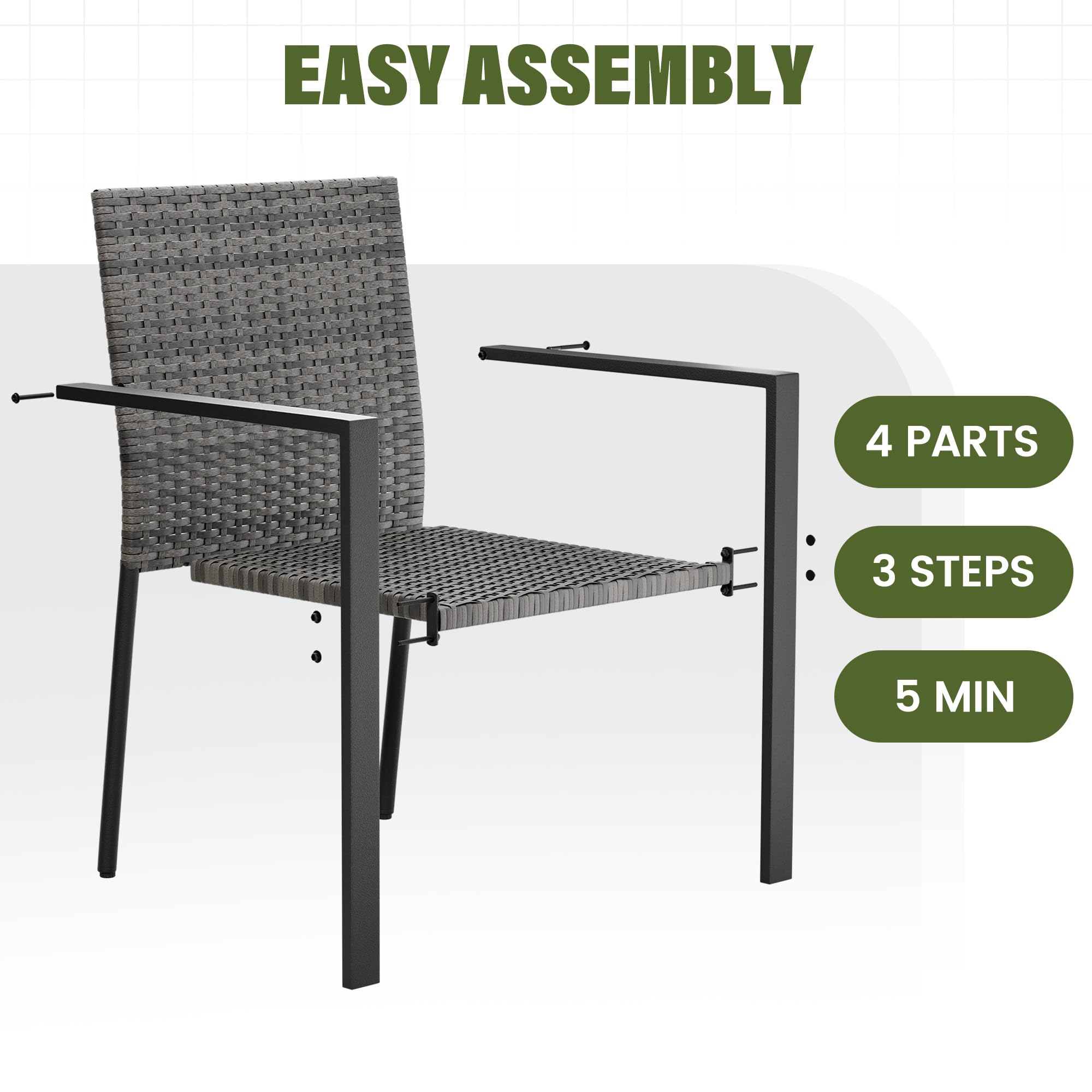 UDPATIO Gartenstühle Stapelbar 4er Set, Gartenstuhl Hochlehner aus Polyrattan, Rattan Stühle, Stapelstühle Wetterfest, Balkonstuhl Metall, Terrassenstühle für Garten, Outdoor, Grau