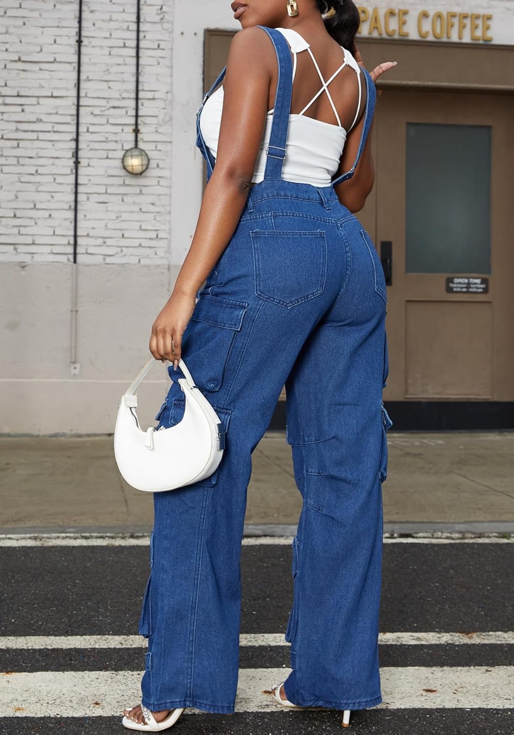 Vaceky Baggy Cargo Denim Overalls Women Adjustable Bib Apron Pants with Side Buttons, Multi-pockets - Image 4