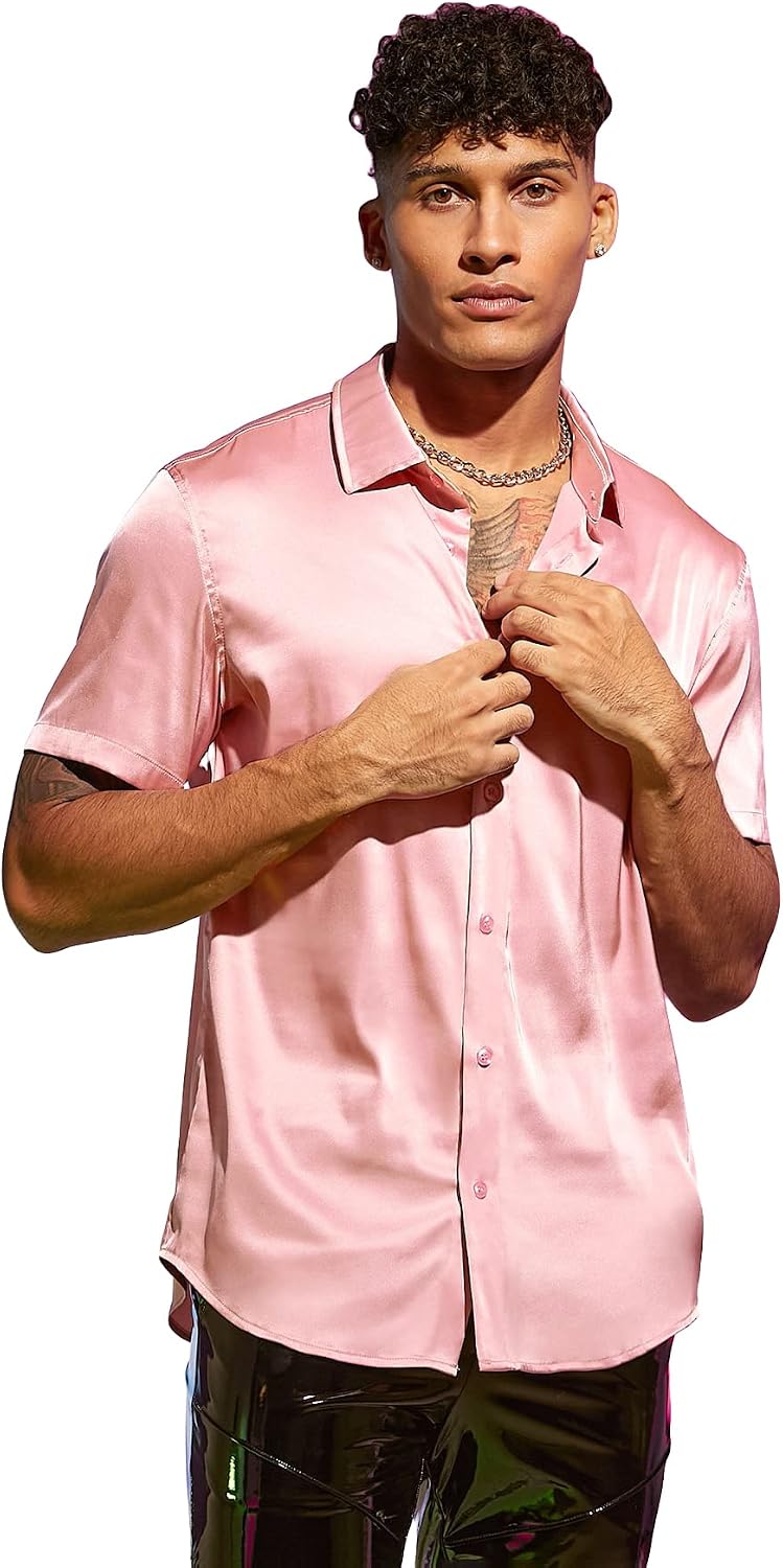 WDIRARA Men's Stand Collar Button Down Shirt Short Sleeve Button Front Top Satin Blouse