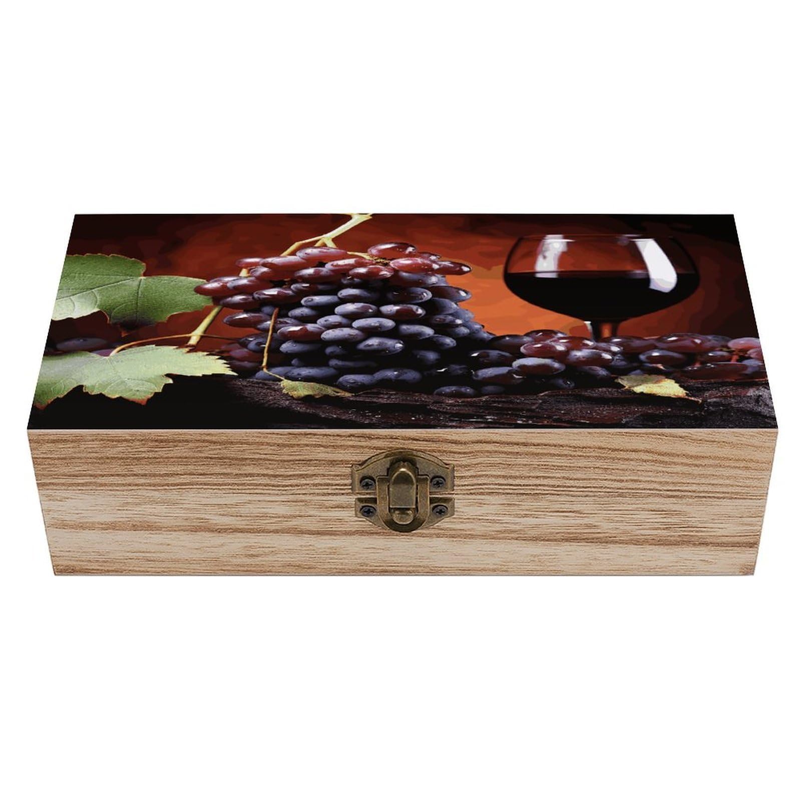 JTREHY Red Wine Grapes Wooden Keepsake Box Vintage-Style Wood Keepsake Case with Hinged Lid Solid Wood Boxes Beautifully Memory Treasure Case Vintage-Style Wooden Storage Box