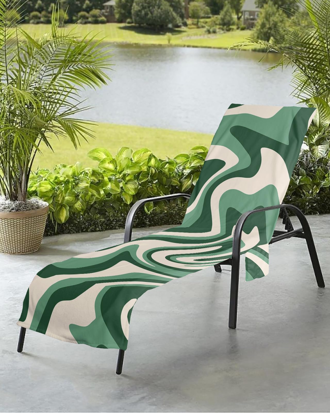 Contemporary Beach Chair Towel Covers for Chaise Lounge with Side Pocket, Soft Plush Pool Towels Cover for Patio Sunbathing Outdoor 29''x85'' Gradient Green Abstract Geometric