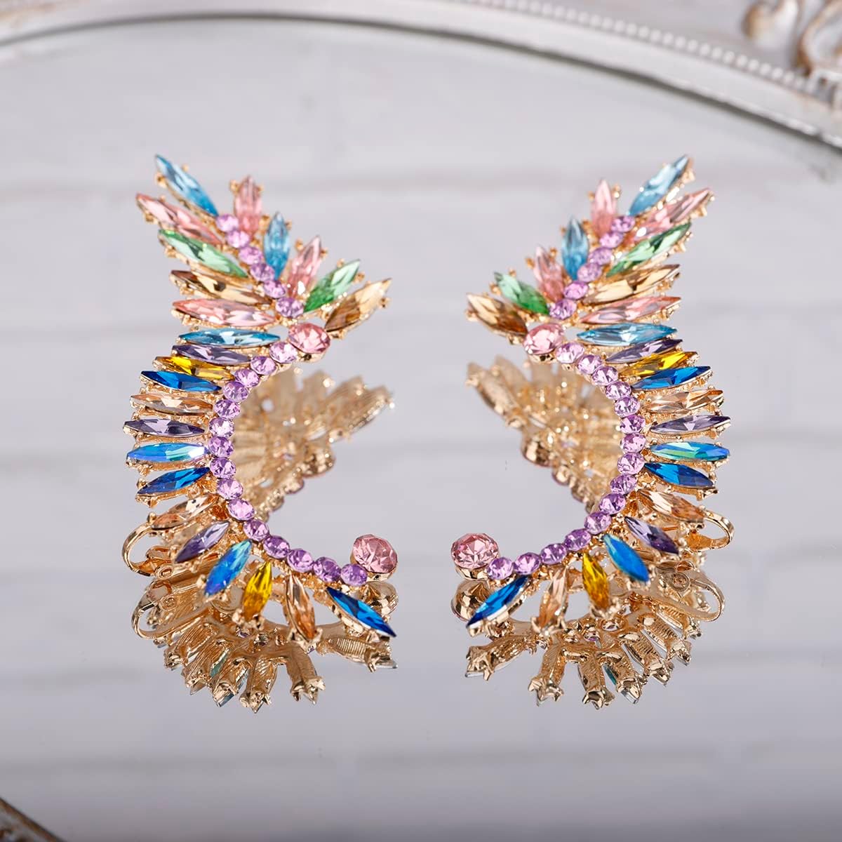 Xerling Statement Multicolor Rhinestone Earrings Colorful Crystal Earrings for Prom Boho Climber Crawler Earrings for Women Clip-on Piercing Stud Earrings (Colorful)