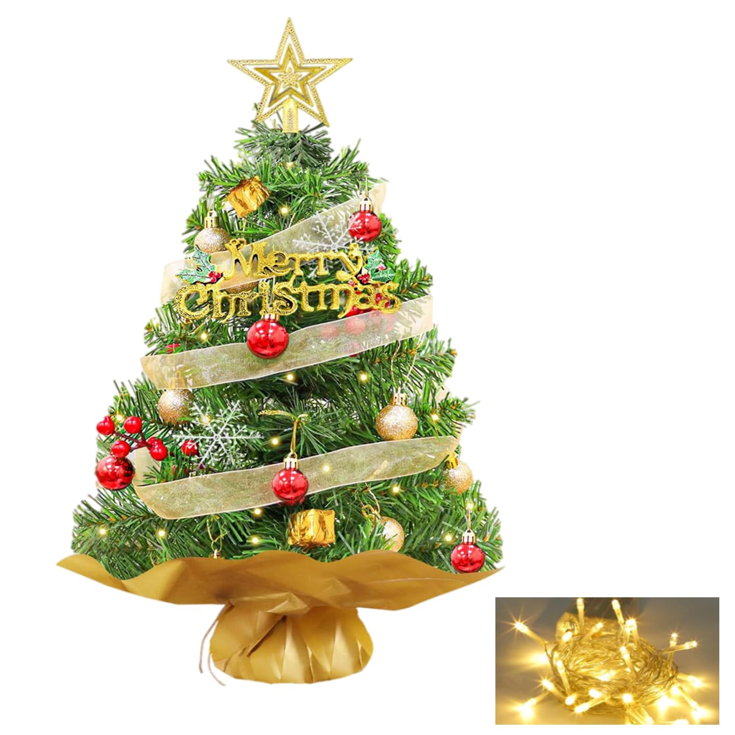 Árbol de Navidad Artificial 60cm, Mini Árbol con Luces LED Adornos, Arbol Navidad Pequeño Artificial con Adornos, para Centro de Mesa Navidad Partido Casa Hogar Oficina