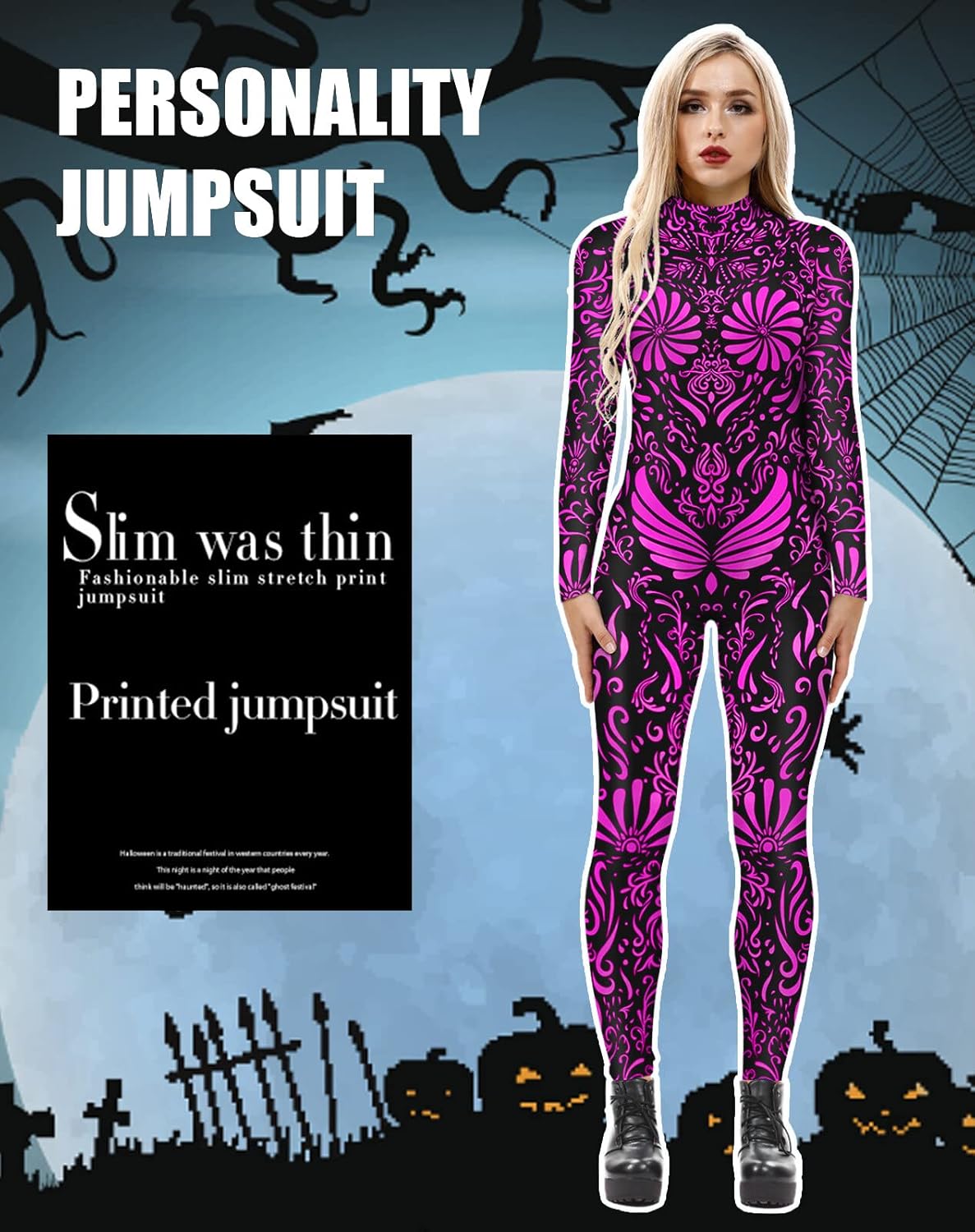 Women's Halloween Cosplay Jumpsuits Funny Skeleton Bodysuit 3D Stretch Skinny Jumpsuit Outfit Catsuit