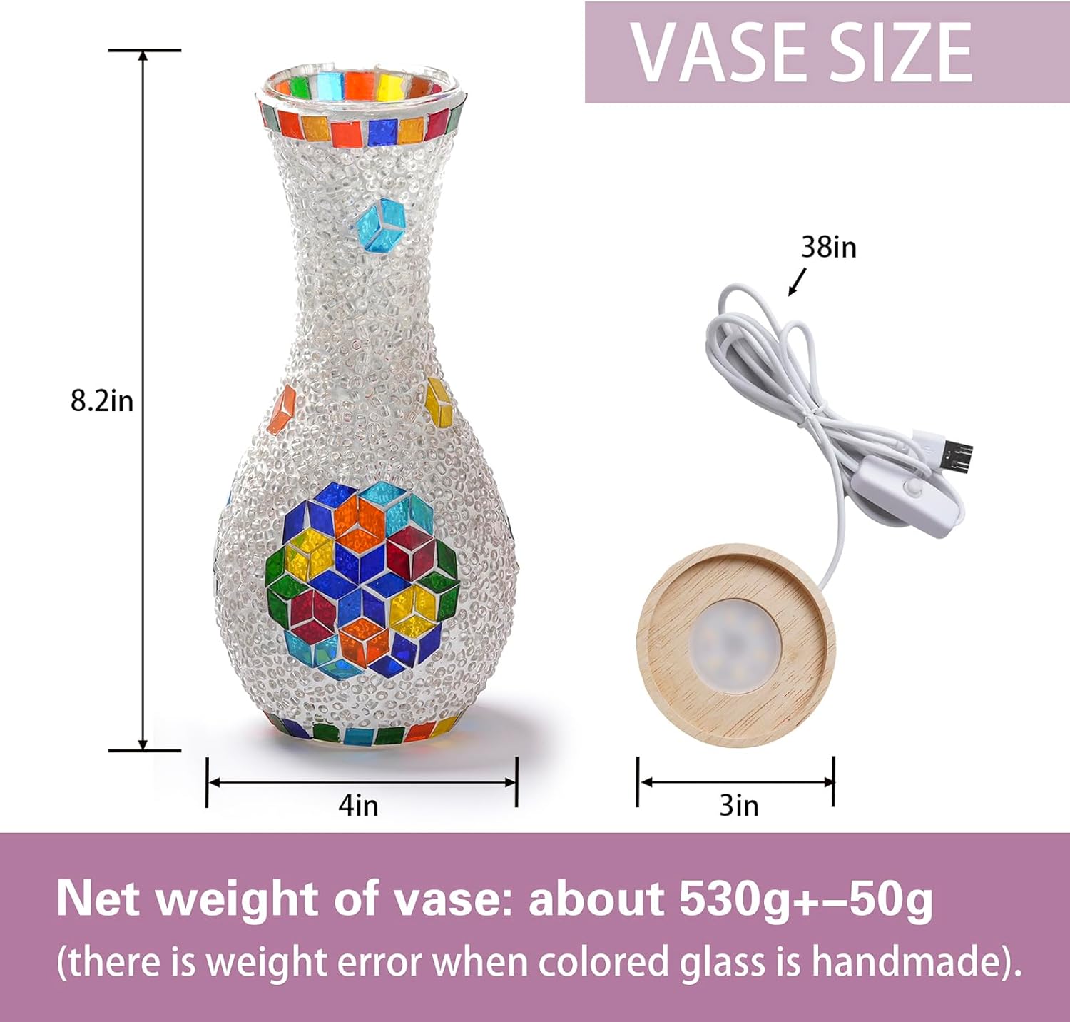 Handmade Turkish Style Mosaic Table Lamp with USB Power - Colorful Glass Vase Light for Bedroom or Living Room