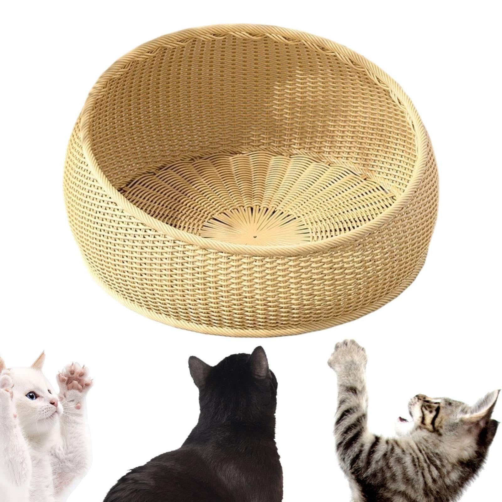 Wicker Katzenbett Kunstharz Rattan Korb Geflecht Nest für Katzen Schlafplatz Hunde Welpen Waschbar Katzenzubehör Luftdurchlässig für Senioren Katzen H, Beige