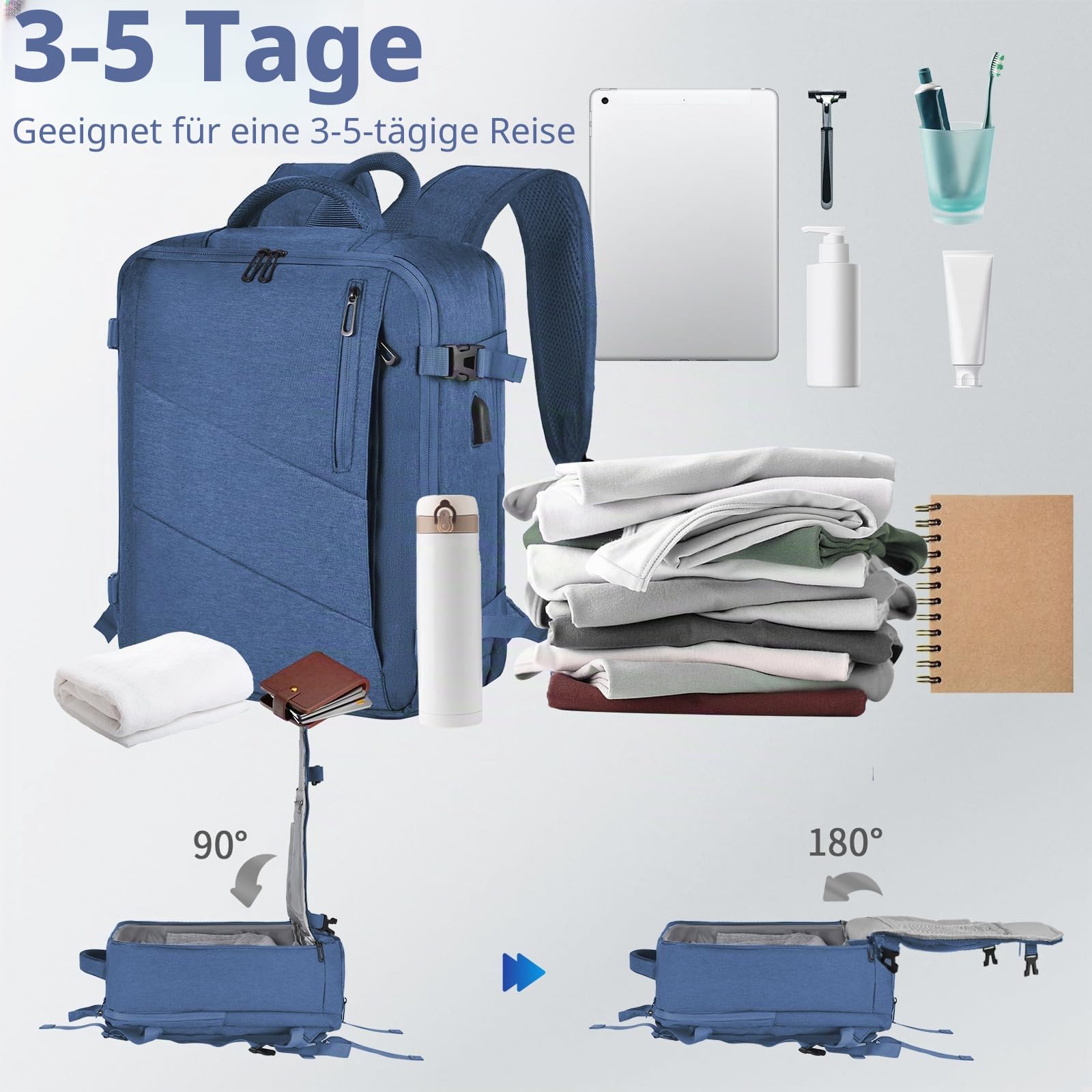Handgepäck Reiserucksack 45x36x20 für Easyjet, Rucksack Travel Backpack Wasserdichter Tagesrucksack Schultasche Wanderrucksack (Blau)