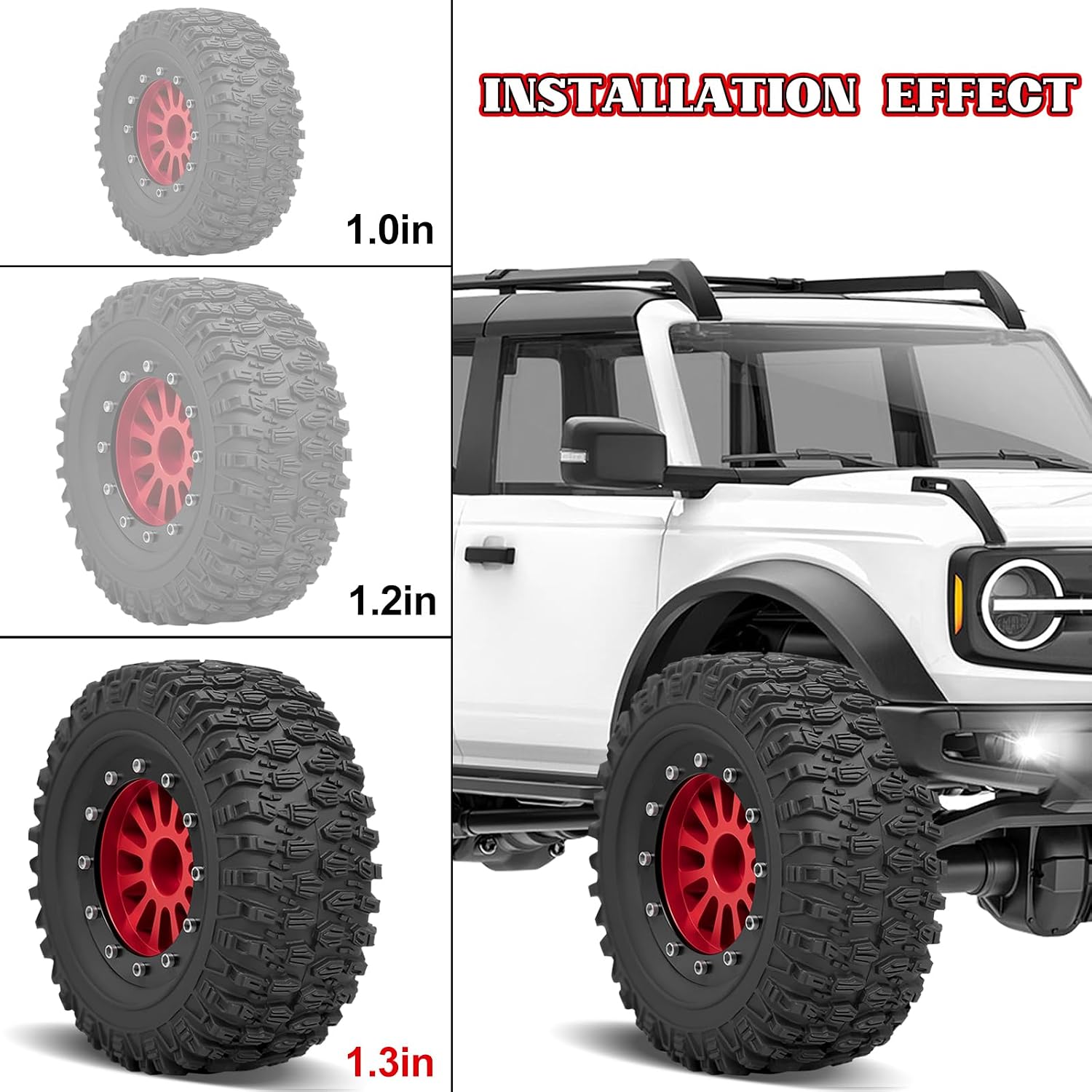 OGRC 1.3 Tires RC Beadlock Wheel Rims with All-Terrain Rubber Tires for TRX4M SCX24 RC Crawler Car- 66 * 25mm (C-Red)