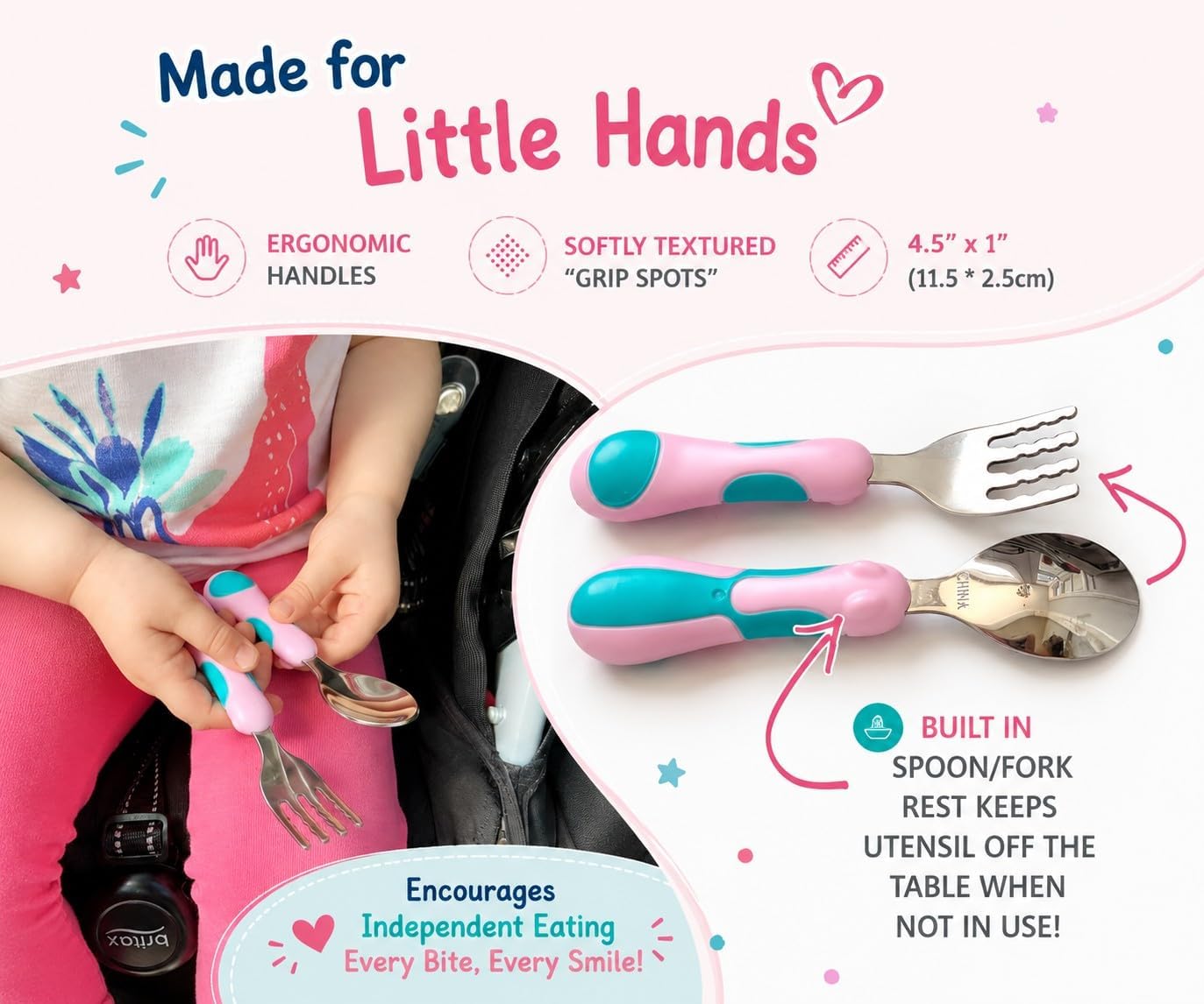 kinsho Toddler Utensils - Kids Silverware Set with Travel Case 3 pack - Stainless Steel Forks Spoons for 1 2 3 4 Years Old. Metal Lunch Box Cutlery for Children Girls, Round Handle, 6 Pieces Pink Blue
