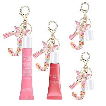 Initial Letter Keychain Cap for Summer Fridays,Glossier, Cute Lip Balm Gloss Keychains Portable Lipgloss Holder for Women Wallet Backpack Bag Charms Personalized Accessories 2pcs Kit Letter-J