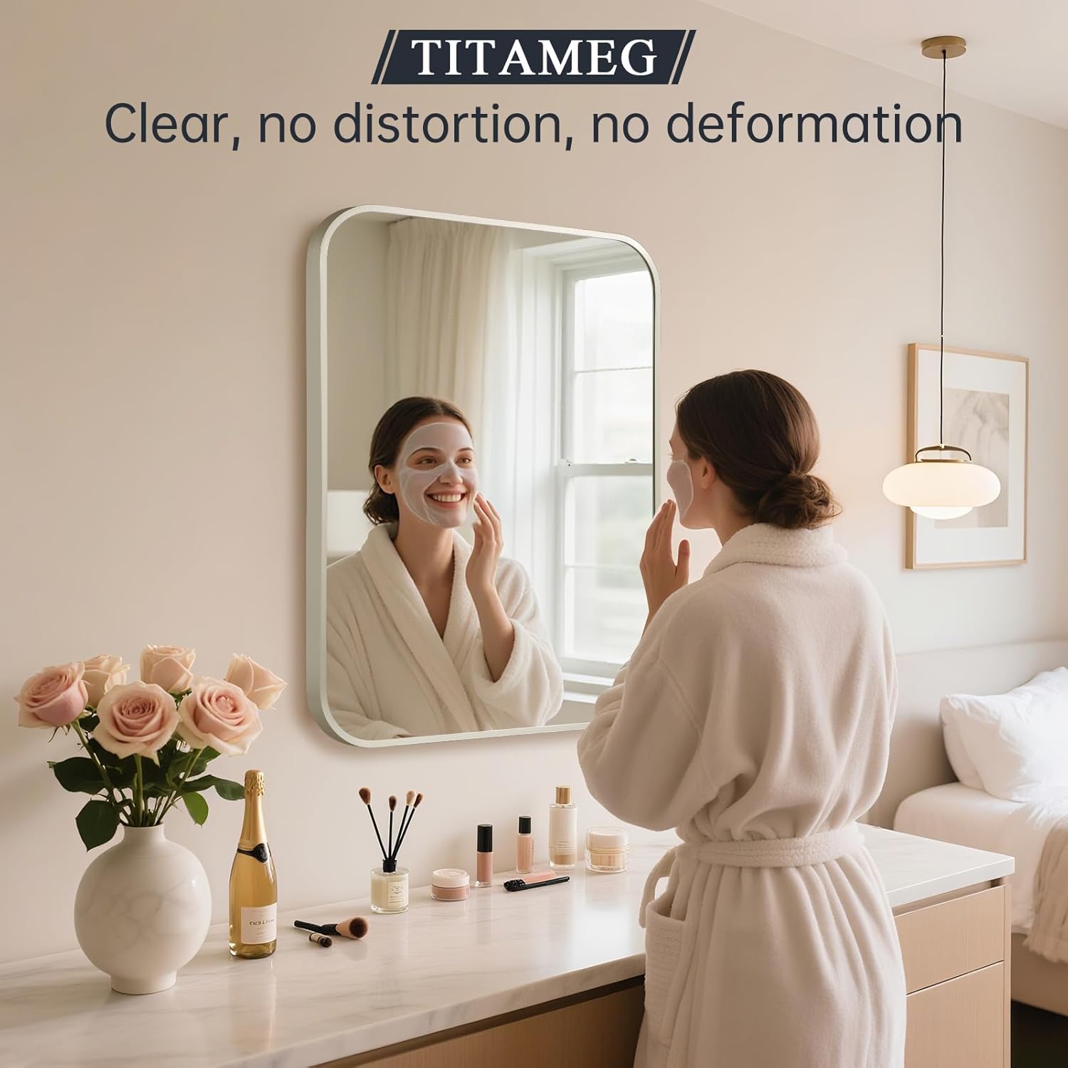 30x36 Inch Brushed Nickel Bathroom Mirror for Wall，Framed Rectangle Mirror with Rounded Corner,Brushed Nickel Mirror for Bedroom or Living Room,Vertical or Horizontall