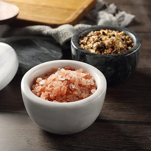 Miniatura 6 de Caja de sal y pimienta de mármol Set de bodega de sal con cucharas Salero Contenedor de sal Blanco y Negro Recipiente de sal Tazón de gran capacidad