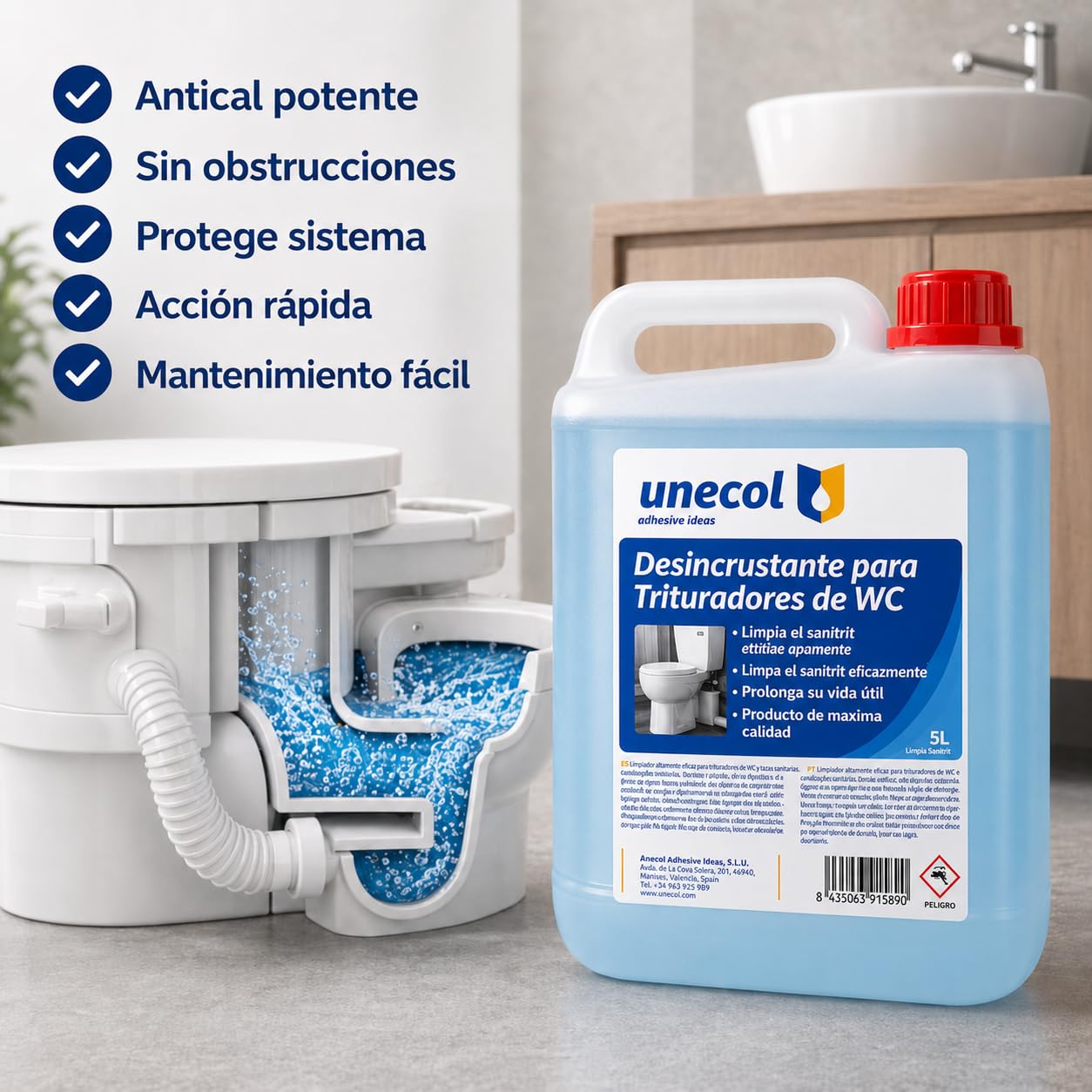 UNECOL - Desincrustante WC Triturador 5L | Antical Potente para Inodoro Sanitrit | Limpieza Profunda y Mantenimiento Triturador Sanitario Elimina Cal Previene Averías