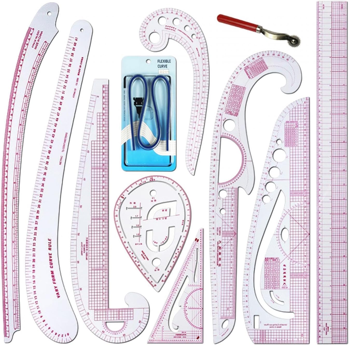 Sewing Design Ruler Set French Curve Dressmakers Metric Template Bendable Clear Pattern Maker Suitable for Students Designers Tailors Clothing Design, 11 Pieces