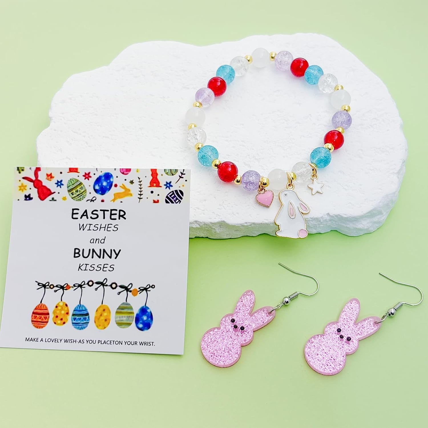 Easter Bracelets Earrings Gifts for Women Colorful Bunny Bead Stretch Bracelet Cute Pink Bunny Dangle Earrings Easter Rabbit Jewelry for Lover - Image 5