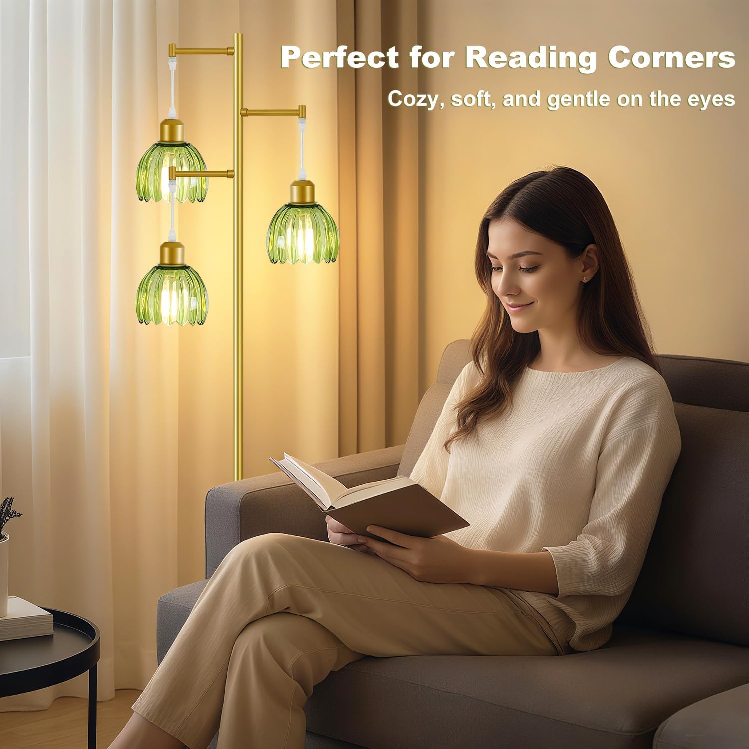 Tree Floor Lamp with 3 Light Bulbs, Vintage 3 Heads Flower Floor Lamp, Tall Gold Vintage Lamps with Brass Base Foot Switch, Boho Standing Lamps for Living Room with Green Glass Flower Shades