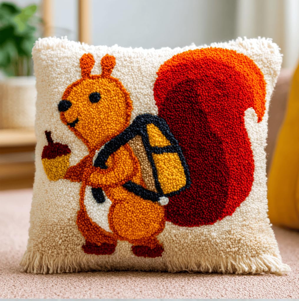 Taxpy DIY Latch Hook Pillow Kit Pre-Printed Hook and Latch Rug Kits Squirrel 17X17 Inch.Cross-Stitch Embroidery Cushion Cover for Home Sofa Decoration