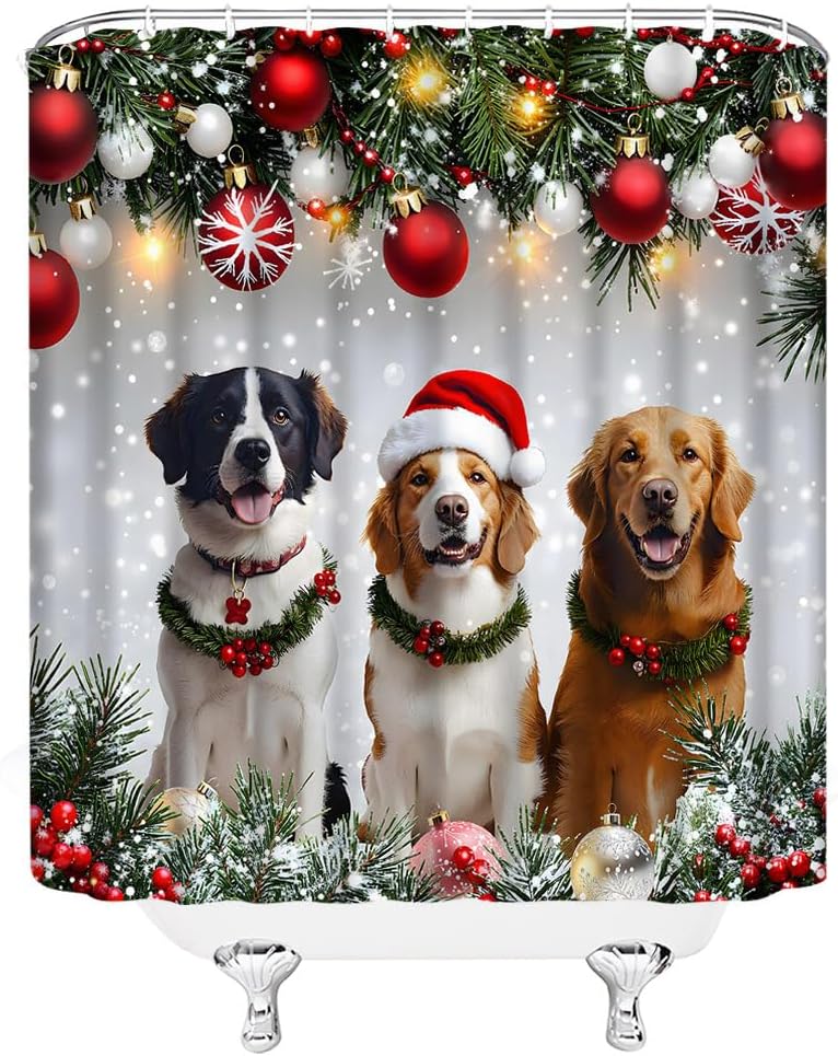 Christmas Dogs Shower Curtain Funny Xmas Ball Winter Snowflake Rustic Dog Animal Farmhoue New Year Puppy Berry Snow Festive Holiday Bathroom Curtain Set Polyester Fabric Hooks 90 X 70 Inch