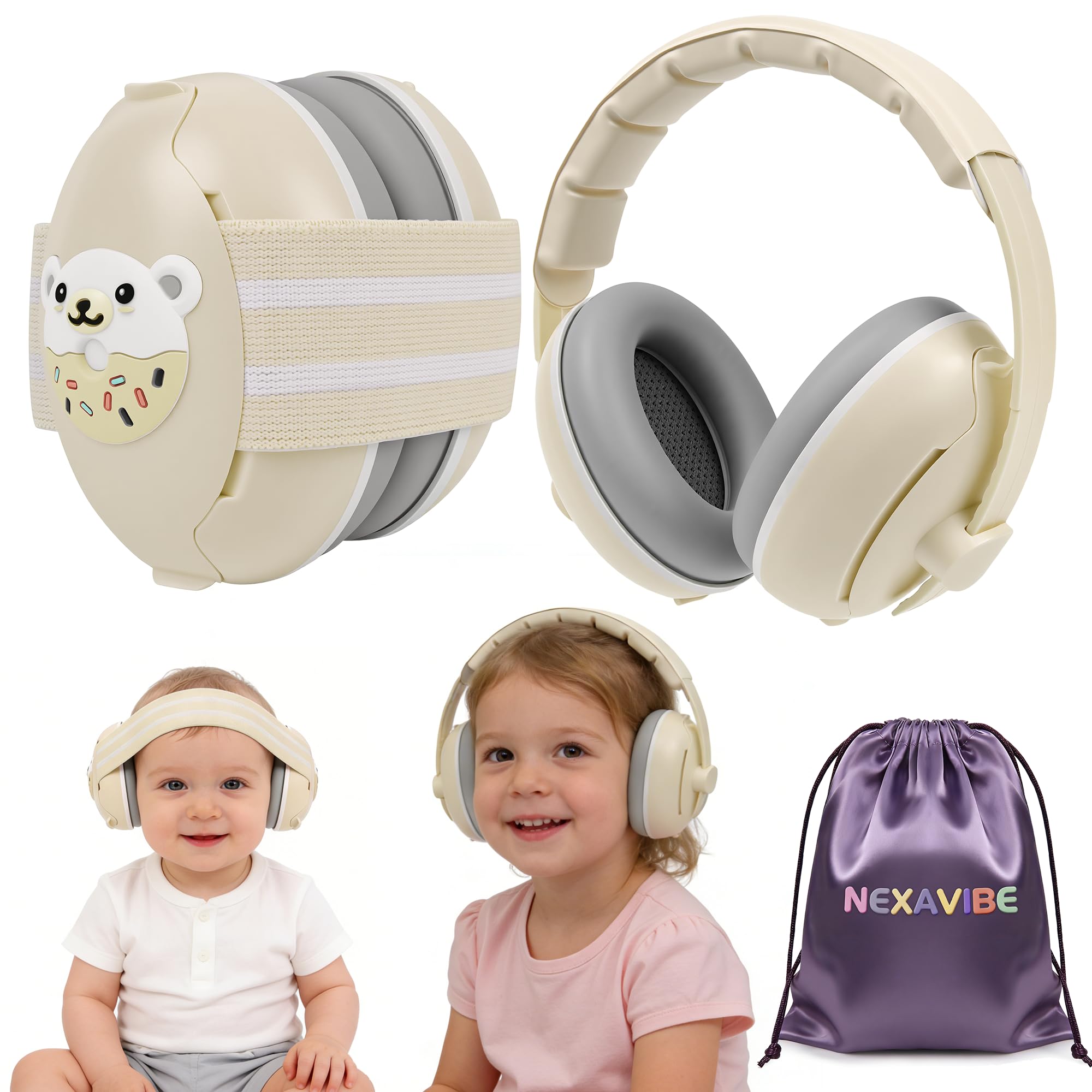 NEXAVIBE 2-in-1 Baby Ear Defenders 0-48 Months, Adjustable Noise Cancelling Baby Earmuffs with Soft PU Leather Pads, CE&EN71 Certified Infant Hearing Protection for Airplane, Concert, Newborn Gifts