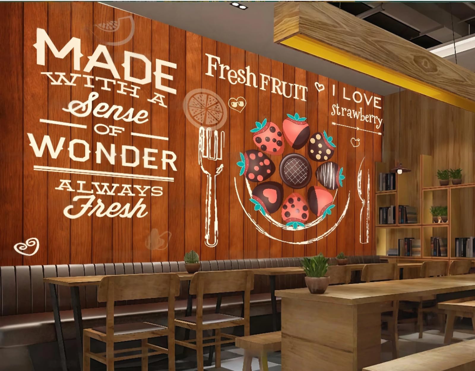 XDOUBAO Wallpaper Nostalgic Wooden Board Strawberry Pastry Dessert Shop Theme Drink Afternoon Tea Western Restaurant Background Wall Wallpaper Coffee Shop Mural,3D,200x140cm