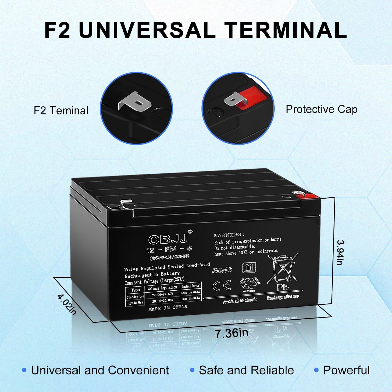 24V 8Ah Replacement Battery Compatible with 24 Volt Ride-On Cars UTV, Universal F2 Terminal Sealed Lead Acid Battery, Size: 7.36 x 4.02 x 3.94 inches