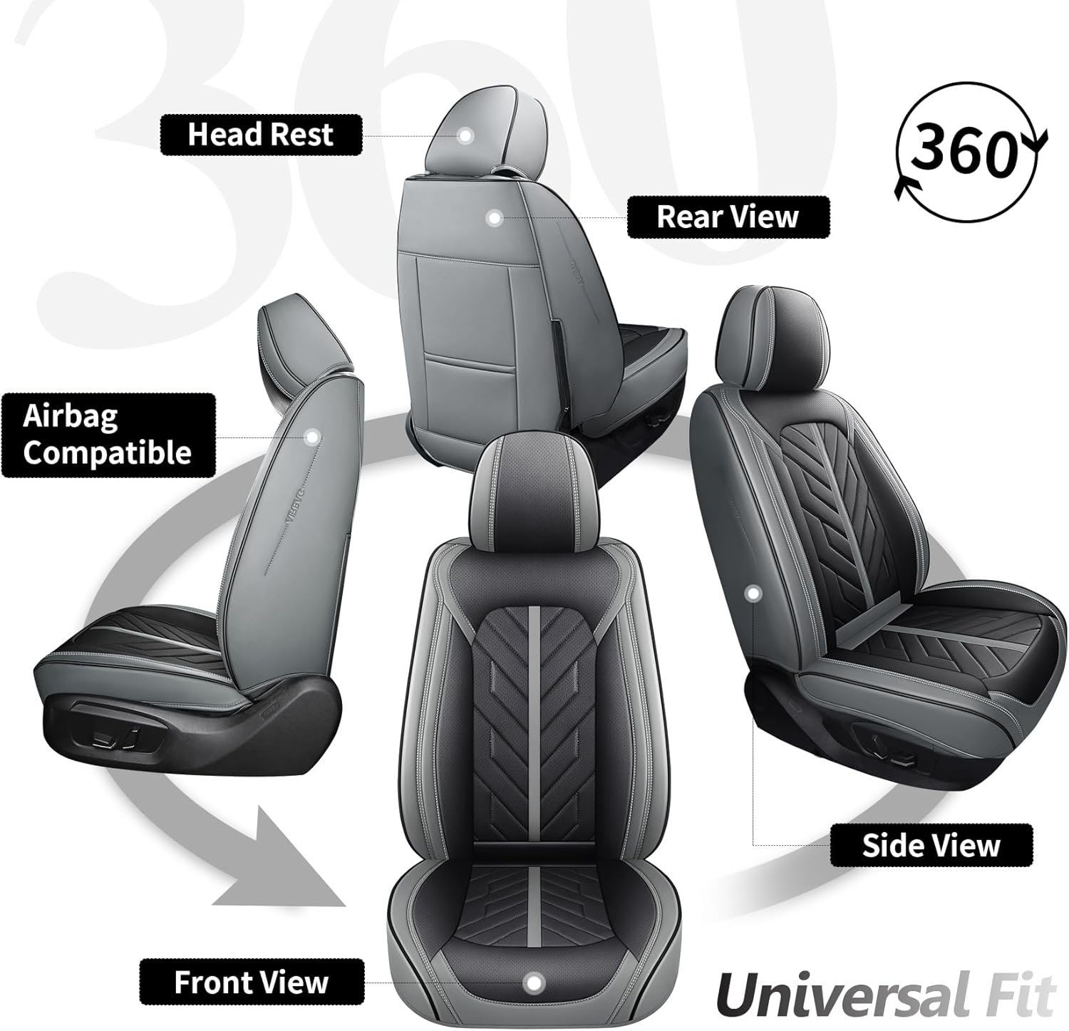 Tomatoman Front Car Seat Covers,Universal Automotive Waterproof Leather Vehicle Cushion Full Coverage Protectors Fit for Most Sedans SUV Pick-up Truck(2PCS Front/Black-Grey)