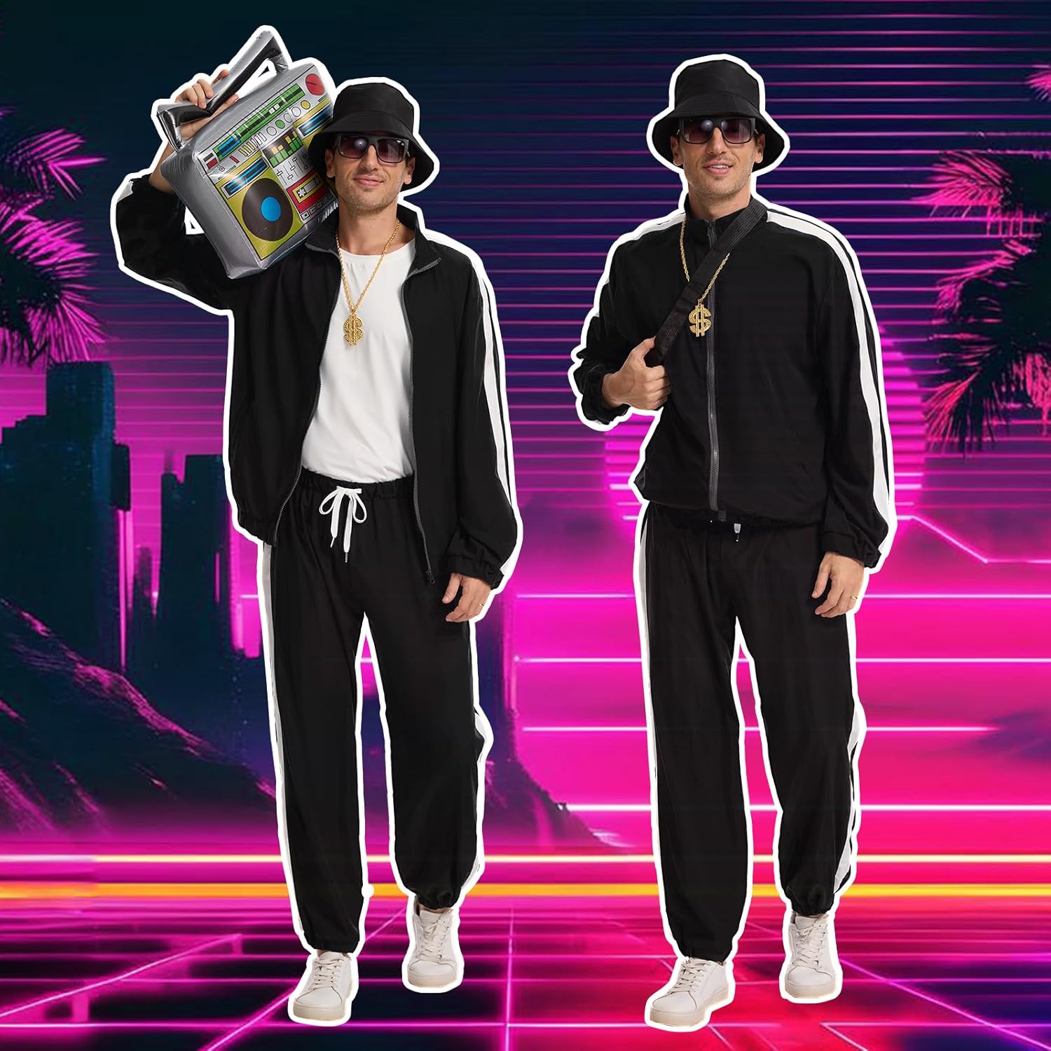 80s 90s Outfit for Men, Track Suit with Hip Hop Costume Accessories Set for Halloween 80s Themed Parties.