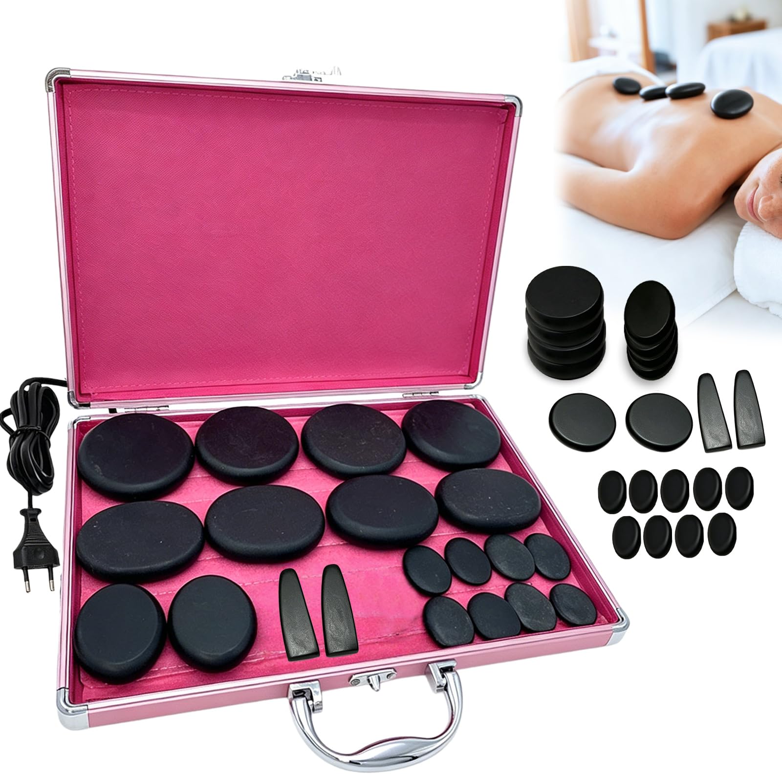 Hot Stone - Juego de 21 piedras de masaje de basalto en maletín térmico, portátil, piedras de masaje calientes de basalto, set de calentadores de piedras de masaje para terapia de masaje, relajación y