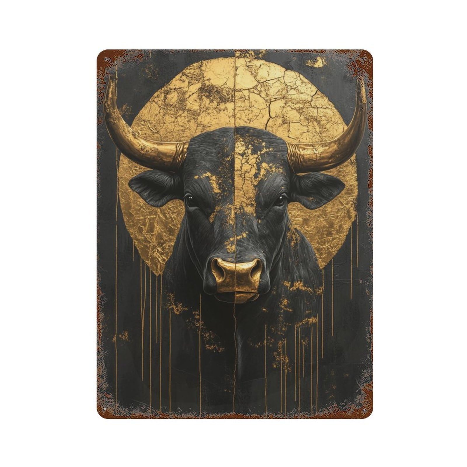 Golden Bull Head Art Print Aged Metal Wall Plaque 15.7"x11.8", Industrial Home Decor for Pub, Kitchen And Man Cave Decor
