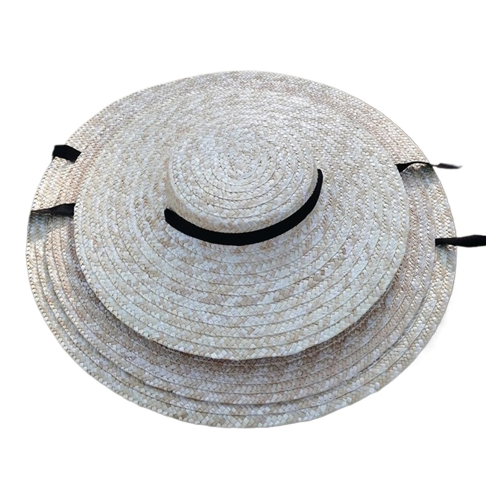Sombrero grande de paja natural de verano para mujer, hecho a mano, de ala ancha, visera de playa, parte superior plana con cinta larga con cordones, sombrero de sol