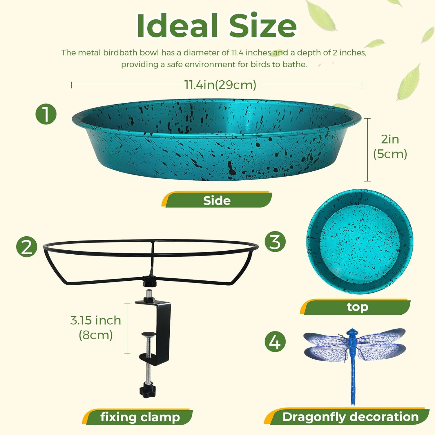 Deck Mounted Bird Bath for Outside, Balcony Railing Metal Birdbath with Adjustable Sturdy Clamp, Outdoor Bird Feeder for Garden Patio Lawn Yard Decoration, Gift for Bird Lover (Lake Blue)