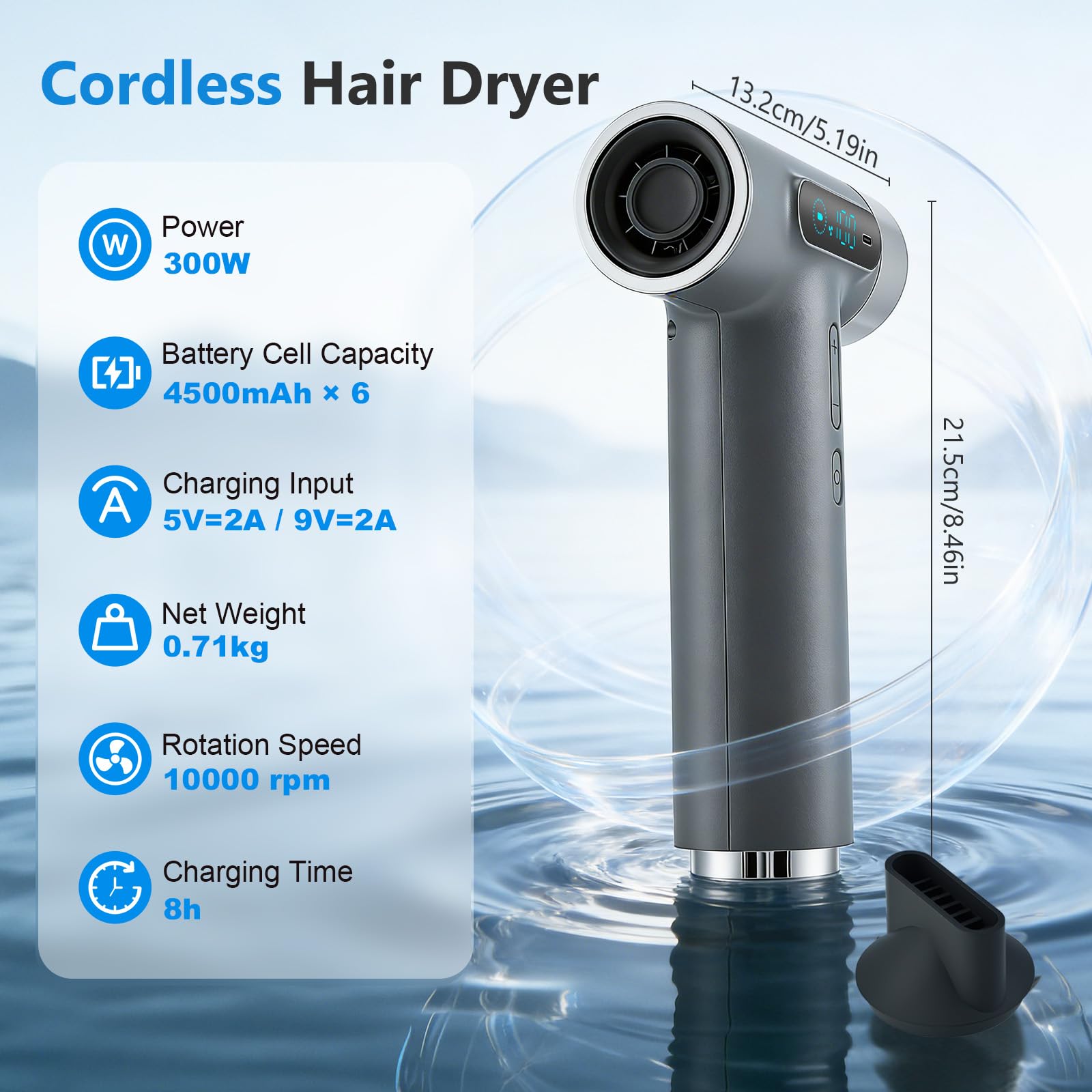 Secador de pelo inalámbrico con batería de 300 W, 3 velocidades y 3 temperaturas, secador de pelo inalámbrico con Ak-ku, secador de pelo portátil con pantalla digital para camping