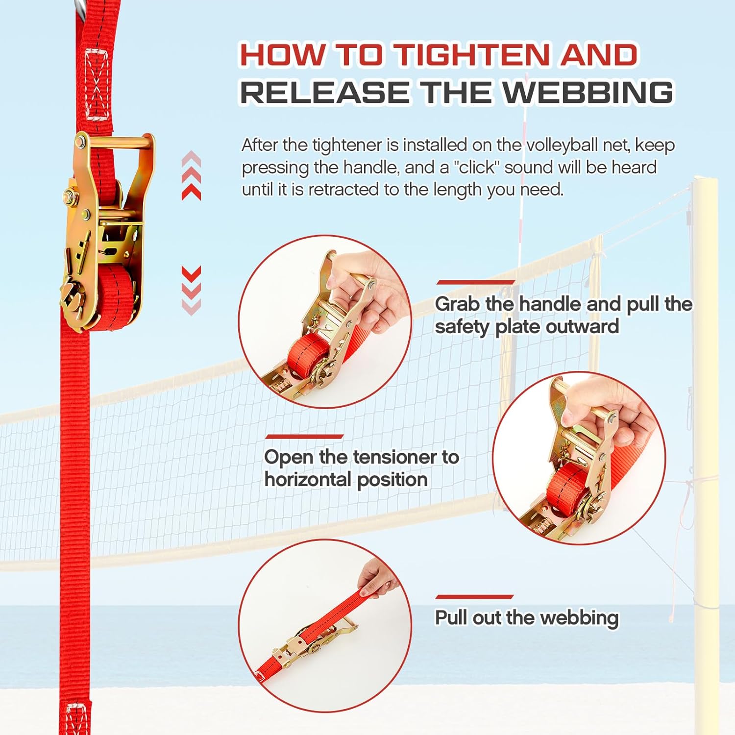 MiniInflat 2 Pcs Volleyball Net Tensioning Ratchet Strap, Heavy Duty Net Tensioning Lever Ratchet, Volleyball Poles Rope Tightener for Indoor & Outdoor Use