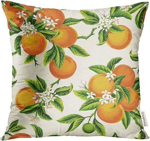 Emvency Funda de almohada decorativa con flores amarillas con frutas naranjas, flores y hojas en verde claro, funda de almohada decorativa botánica